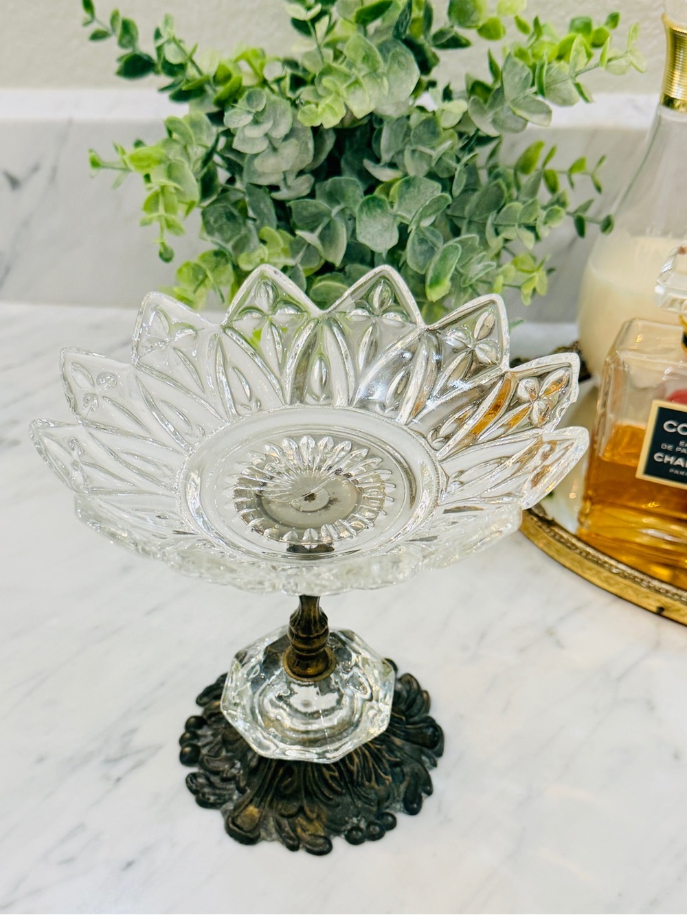 Vintage Glass Pedestal Compote Dish with Ornate Metal Base